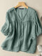 Lace Panel Solid V-neck Button Front 3/4 Sleeve Blouse - Green
