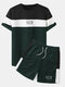 Preppy Mens Patchwork Letter Color Crew Neck Short Sleeve Two Pieces Outfits - Green