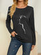 Cat Print Long Sleeves O-neck Casual T-shirt For Women - Black