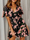 Cross Wrap Floral Print Short Sleeve Mini Dress For Women - Black
