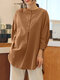 Однотонная свободная блузка с длинным рукавом с высоким и низким подолом - Хаки