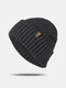 Men Acrylic Knitted Plus Velvet Solid Color Geometric Jacquard Letter Cloth Label Cuffed Brimless Beanie Hat - Gray