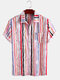 Mens Colorful Striped Print Casual Loose Light Short Sleeve Shirts - Pink