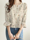 Allover Floral Print Ruffle Sleeve Crew Neck Blouse - Apricot