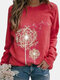 Women Printed Round Neck Long Sleeve Casual Loose Shirt Tops - Red