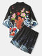 Mens Cherry Blossoms & Koi Back Print Kimono Japanese Style Two Pieces Outfits - Black