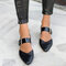Large Size Women Casual Single Shoes Pointed Toe Buckle Flats - Black