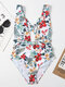Women Floral Print Deep-V Criss-Cross Belted Backless Slimming One-Piece Swimwear - White