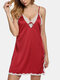 زائد الحجم المرأة فو الحرير الدانتيل الخامس الرقبة انقسام Strappy القمص جنسي الملابس الداخلية - أحمر