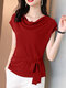 Solid Cowl Neck Short Sleeve Bowknot Blouse - Red