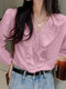Lace Spliced Ruffle V-neck Long Sleeve Elegant Blouse - Pink