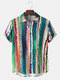Mens Colorful Stripes Print Tie Dye Breathable Loose Short Sleeve Shirts - Green