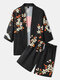 Mens Floral Crane Print Open Front Kimono Ethnic Style Two Pieces Outfits - Black