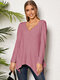 Solid Long Sleeve Rib-knit V-neck Casual Irregular T-shirt - Pink