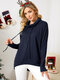 Women Solid Drawstring Casual Long Sleeve Knit Pullover Sweater - Navy