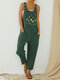 Floral Embroidery Straps Jumpsuit With Pocket - Dark Green