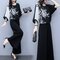  Women's Black Two-piece Wide Leg Pants Printing Suit Casual Fashion Suit Female Large Size - Black