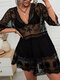 Lace See Through Hollow Stitch Beach Cover-up Bohemian Dress - Black
