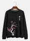 Mens Plum Bossom Chinese Print Crew Neck Cotton Pullover Sweatshirts - Black