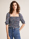 Floral Print Shirred Ruffle Square Collar Half Sleeve Blouse - Blue