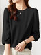 Women Solid Texture Crew Neck Casual 3/4 Sleeve Blouse - Black