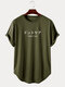 Mens Japanese Slogan Print High Low Curved Hem Short Sleeve T-Shirts - Army Green