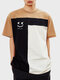 Mens Smile Print Color Block Patchwork Short Sleeve T-Shirts - Brown