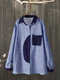 Patchwork Lapel Long Sleeve Plus Size Shirt for Women - Blue