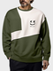 Mens Smile Face Print Contrast Patchwork Crew Neck Pullover Sweatshirts - Army Green