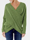 Cross Wrap Solid Color Irregular Long Sleeve Sweater - Green