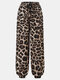 Pantalon décontracté long à imprimé léopard avec poche à cordon pour femme - Kaki