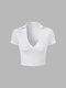 Solid Ribbed Knit Lapel Short Sleeve Crop Top - White