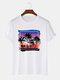 Mens Coconut Tree Landscape Print Cotton Short Sleeve T-Shirts - White