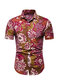 Mens Floral Printing Cotton Breathable Short Sleeve Loose Ethnic Style Casual Shirt  - Red