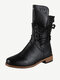 Women Casual Warm Wearable Solid Color Lace Up Flat Mid-Calf Riding Boots - Black