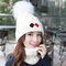 Womens Winter Warmer Knitted Beanie Cap And Neck Collar Scarves Set With Fur Pompom Flexible Hat - White