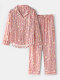 Women Plaid Daisy Print Lapel Loose Pants Two-Piece Home Lounge Pajamas Set - Pink