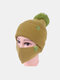 Women 2PCS Wool Winter Keep Warm Daily Casual Neck Face Protection Fur Ball Knitted Hat Beanie Mask - Green