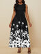 Flower Print sleeveless Big Swing Dress Women Party Dress - Black
