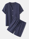 Mens 100% Cotton Pajama Sets V Neck Button Up Chest Pocket Shirt Loungewear Homewear - Navy