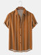 Mens Plain Striped Button Up Casual Short Sleeve Shirts - Brown