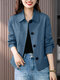 Women Solid Lapel Double Pocket Button Front Casual Jacket - Blue