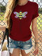 Bee Letter Print Short Sleeve O-neck Casual T-shirt For Women - Wine Red