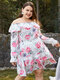 Plus Size Off Shoulder Overly Floral Print Dress - Pink