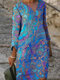 Print V-neck Long Sleeve Plus Size Dress for Women - Blue