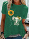 Cartoon Elephant Flower Print Short Sleeve T-shirt For Women - Green