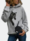 Black Cat Print Plus Size Hoodie for Women - Grey