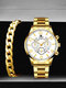 2 Pcs/Set Alloy Men Casual Round Big Dial Watch Decorated Pointer Calendar Quartz Watch Chain Bracelet - #04