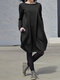 Solid Color O-neck Long Sleeves Casual Dress With Pocket - Black