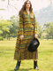Casual Geometric Print Striped V-neck Long Sleeve Maxi Dress With Pocket - Yellow